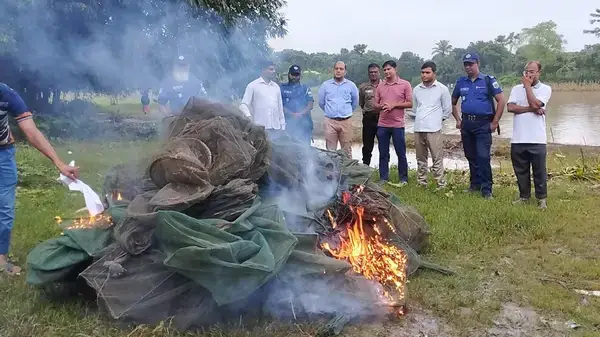 নাটোরে যৌথ অভিযানে অবৈধ দুয়ারি জাল জব্দ